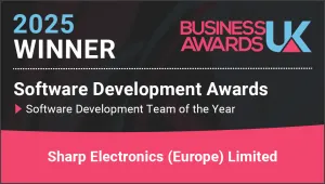 Logo for 2025 UK Business Awards Winner, Software Development Team of the Year, awarded to Sharp Electronics (Europe).